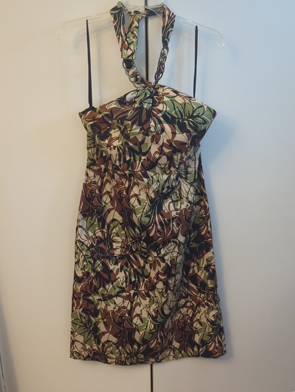 Halter Neck Leaf Print Sundress in Green and Brown